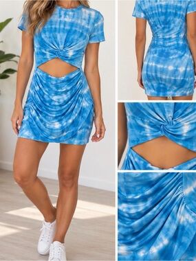 Superdown XS Blue Tie Dye Cutout Ruched Mini Dress